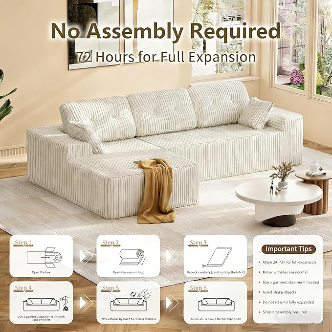 Ball & Cast 106‘’ Cloud Couch Sectional,Corduroy Upholstered Boneless Modular Sectional Sofa, L-Shaped Couch w/Soft and Wide Armrest,Sectional Couches for Living Room,Right Facing Chaise (Beige)