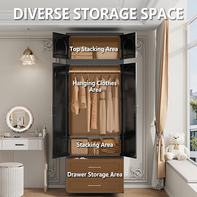 Polup Metal Armoire Wardrobe Cabinet, 86" Tall Wardrobe Closet with Doors, Black Clothing Storage Cabinet with Hanging Rod, Large Armoire for Bedroom, Office, School, Gym