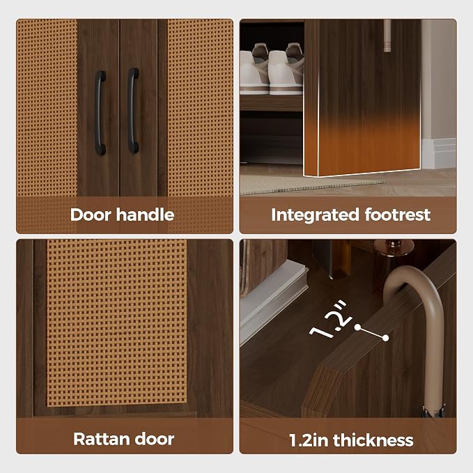 Mericonia 6-Tier Shoe Cabinet Storage for Entryway, Rattan Shoes Organizer Cabinets with Doors, Wooden Shoe Rack, Farmhouse Boho Wood Storage Cabinet (Walnut, 6-Tier) - Image 3