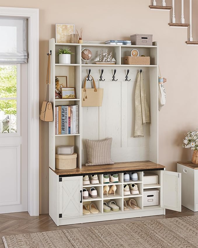 Hzuaneri 47.2" Hall Tree, LED Farmhouse Entryway Storage and Coat Rack Wood, Entryway Furniture with 7 Hooks, Hall Tree with Bench and Storage, 6 Storages Partitions Shoe Bench, Rustic White HT24514X - Image 2