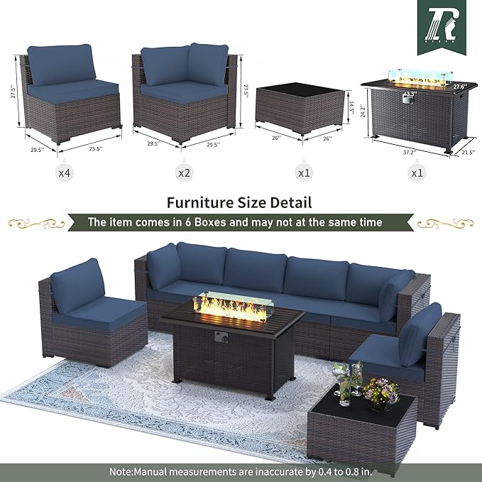 Outdoor Patio Furniture Sets with Propane Fire Pit Table, 8 Pieces Outdoor Furniture Patio Sectional Sofa Conversation Sets w/ETL Approved 43" Gas Outdoor Fire Table & Coffee Table (Dark Blue)