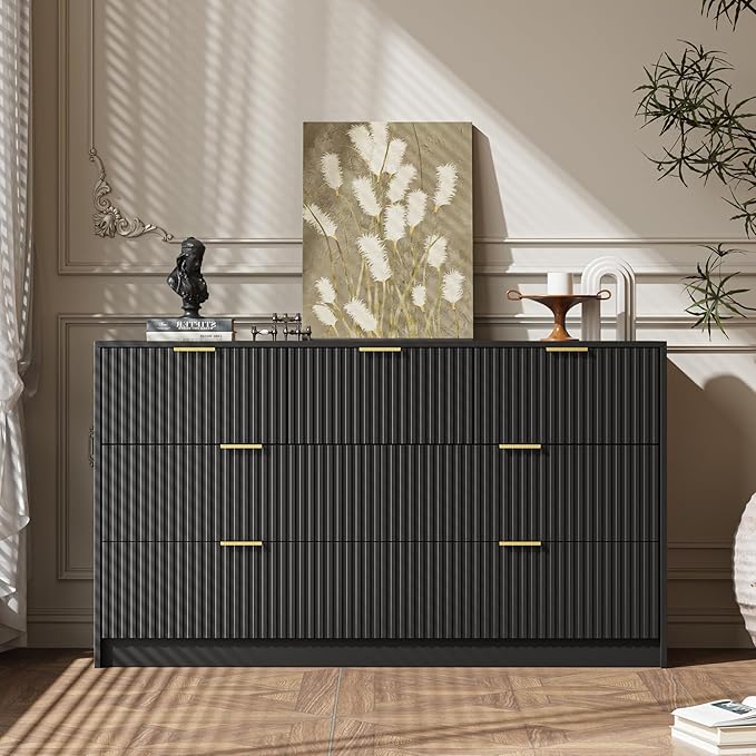 MAISONARIA 3-Piece Dresser Bedroom Set, 7 Drawer Dresser & 3 Drawer Nightstands with Gold Handles, Fluted Wood Chest of Drawers for Bedroom, Living Room, Entryway, Black