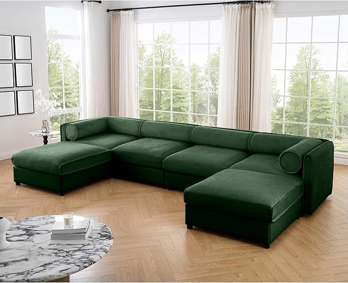 KEIKI 143" U-Shaped Modular Chenille Sectional Sofa with Storage Seat, 2 Ottoman, 4-Seater Couch with Cylindrical Backrest and Armrests, Easy Assembly, for Apartment, Living Room, Green