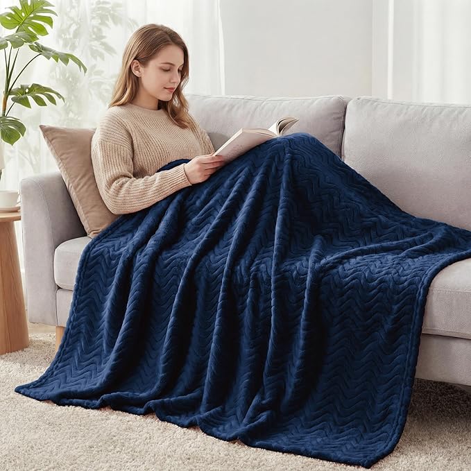 Exclusivo Mezcla Queen Blanket for Bed, Cozy Lightweight Fleece Blankets for All Season, Decorative Giftable Fuzzy Plush Wave Textured Suitable for Women, Men, Navy Blue, 90x90 Inches