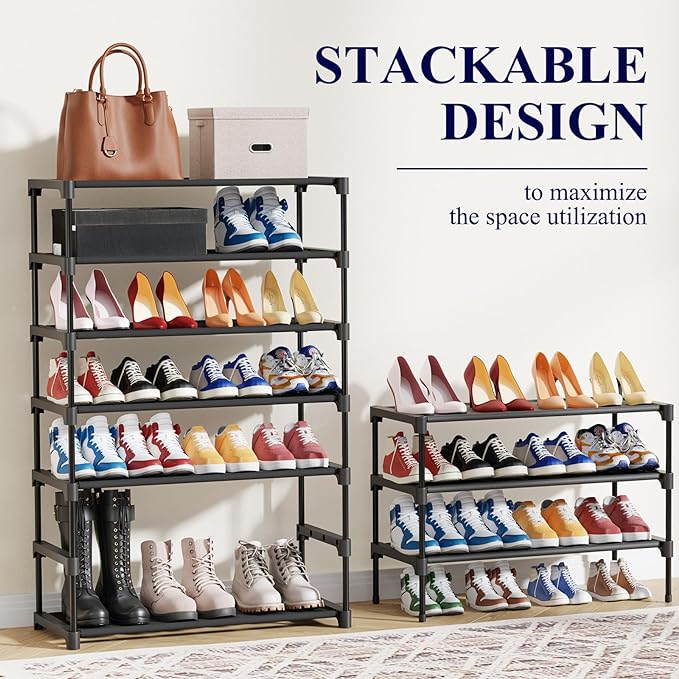 Kitsure Shoe Rack - Non-Woven Shoe Rack Shelf, Shoe Organizer for Closet, Entryway, Garage & Corridor, Stackable Shoe Shelves, 27.5" Wide - 5 Tier, Black - Image 5