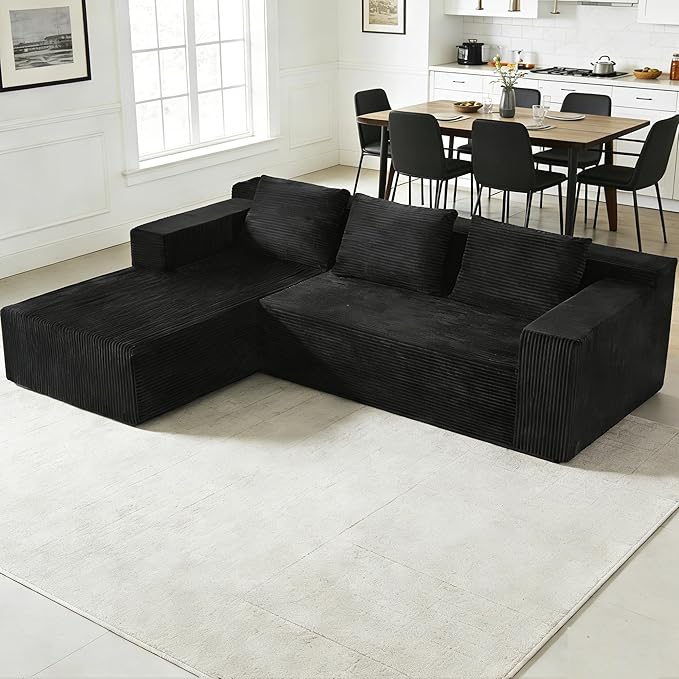 103" Boneless Corduroy Sectional Couch with Left Chaise, Modular L Shaped Black Couches for Living Room, Large Minimalist Modern Deep Seat Floor Sofa Set, No Assembly