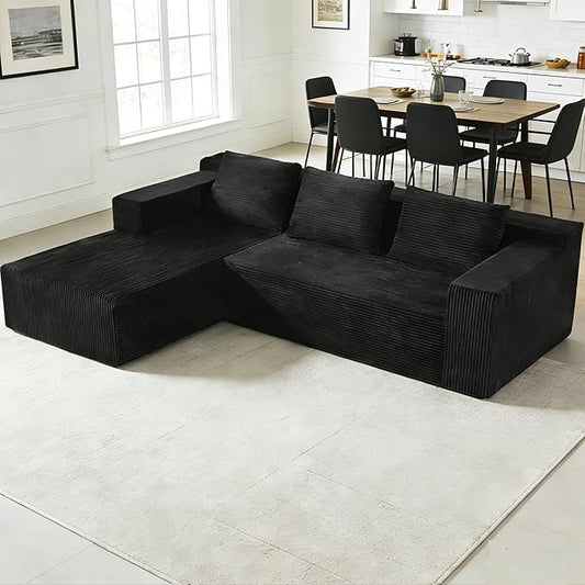 103" Boneless Corduroy Sectional Couch with Left Chaise, Modular L Shaped Black Couches for Living Room, Large Minimalist Modern Deep Seat Floor Sofa Set, No Assembly