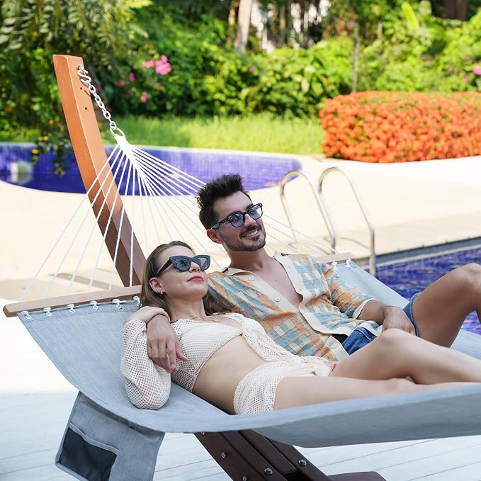 Lazy Daze Hammocks 11 FT Double Outside Hammock Quick Dry Olefin Fabric Hammock with Spreader Bar & Side Pocket for Outdoor Poolside Backyard 450 lbs Capacity, Grey - Image 2