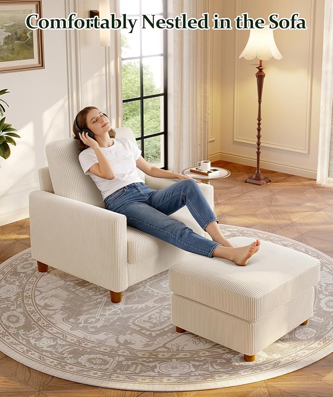 25.2" Couches for Living Room, Comfy Beige Ottoman with Storage, Foot Rest Tool-Free Setup, Small Ottoman Foot Rest for Couch, Corduroy Couch for Bedroom, Apartment, Office