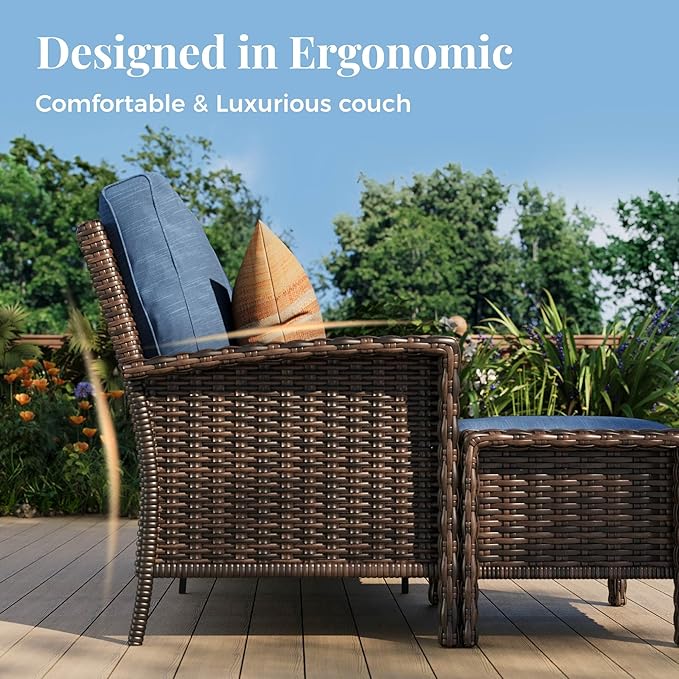 5-Piece Wicker Patio Furniture Set with Swivel Chairs, High Back Outdoor Furniture with 5.5-inch Thick Cushion and Ottoman, All-Weather Wicker Patio Conversation Set for Deck Lawn, Navy Blue