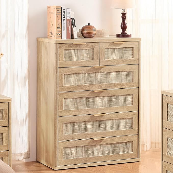 LEYAOYAO Rattan Dresser for Bedroom, 41" Tall Chest of Drawers, Modern 6 Drawers Boho Dressers with Storage, Light Oak Dresser Wooden Closet Organizer for Living Room, Hallway, Natural Wood - Image 8