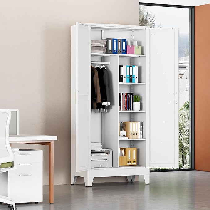 71" Armoire Wardrobe Closet with Hanging Rod & Adjustable Shelves, 2 Doors White Armoire Wardrobe Closet, Metal Clothing Storage Wardrobe Cabinet for Bedroom, Laundry Room, Office