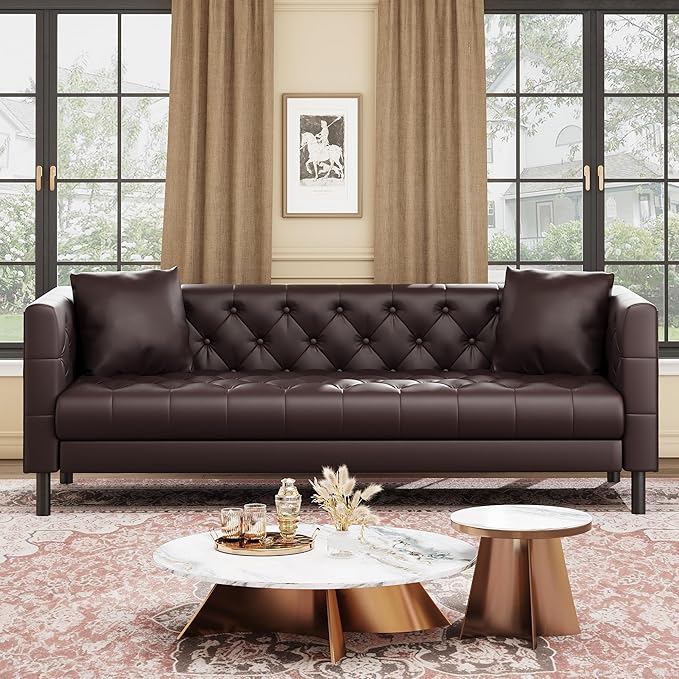 IDEALHOUSE Mid Century Modern Sofa 81 inch, Faux Leather Sofa 3 Seater, Apartment Sofa for Living Room, Chesterfield Tufted Couch with Deep Seats and 2 Pillows, Sectional Style Couch, Dark Brown