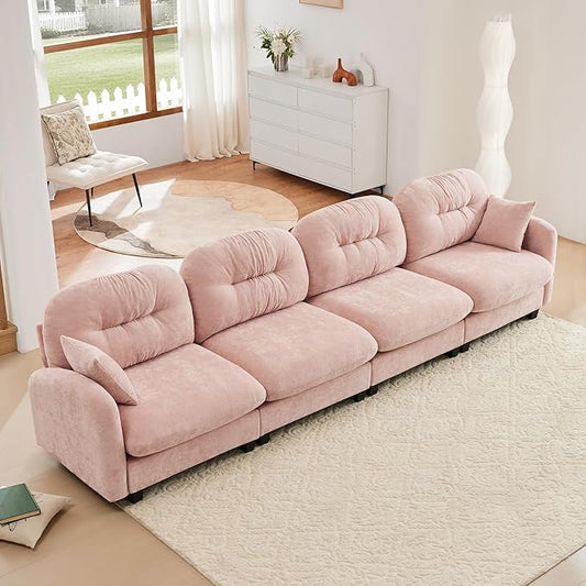 KEIKI 140" Oversized Chenille Modular Sectional Sofa with High-Density Foam Cushion and Tufted Pleated Cushion Backrest, Upholstered Modern 4-Seater Cloud Couch with 2 Pillow, for Living Room, Pink