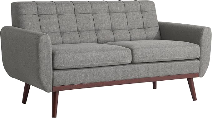 Serta® David 61.2" Modern Sofa, Tufted Back Cushion, Rounded Arms, Solid Wood Legs, Dream Coil® Comfort, Woven Polyester Fabric, Gray