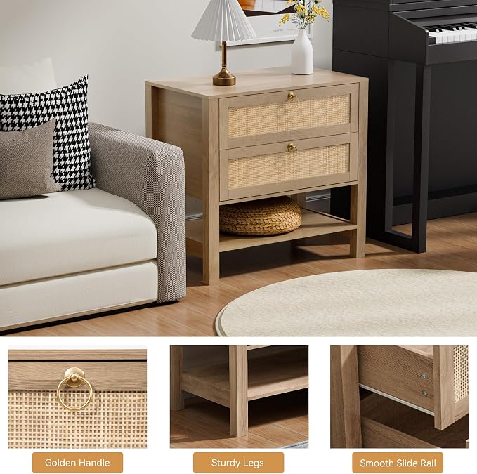 Rattan Nightstand Set of 2 with 2 Drawers and Storage Shelf, 26” Tall Wide Night Stand, Wood Large Bedside Table for Bedroom, Side Table, Carbon Cherry - Image 5