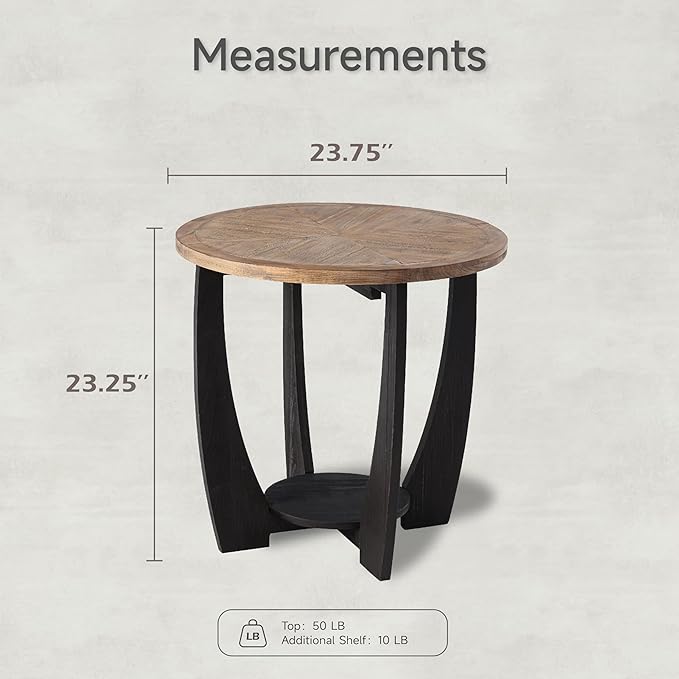 COZAYH Rustic Farmhouse End Table with Storage Shelf, French Country Modern Round Accent Side Table for Small Spaces, Wood Top & Black Base