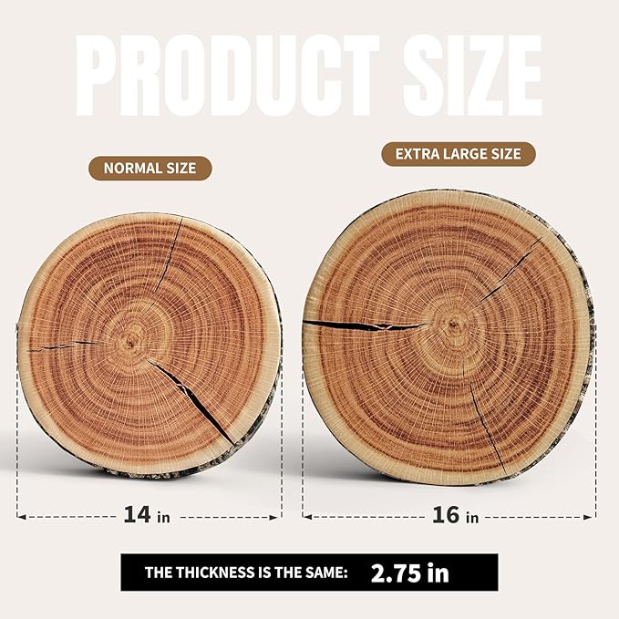 HYSEAS Outdoor Waterproof Throw Pillow, 3D Digital Print Comfortable Kids Funny Cute Wood Log Pillow Circle Seating Floor Cushion for Home, Couch, Bedroom, Living Room, Stump, 16 x 2.75 Inch, 2 Pack