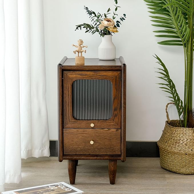 Mid Century Modern Narrow Nightstand with Drawers, Solid Wood Oak Bedside Table, Side Table, 11.81 W x 15.75 D x 21.26 H Inches, Walnut - Image 4