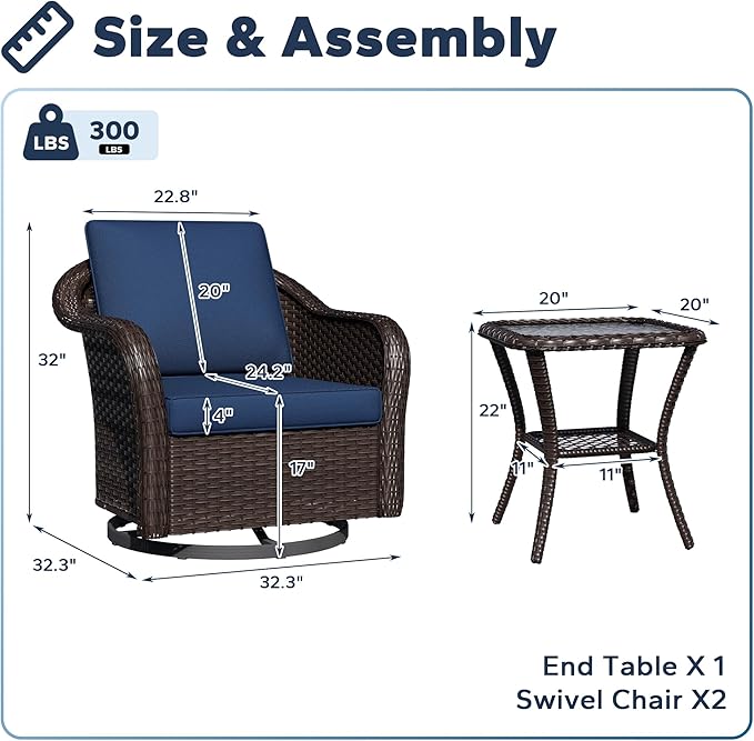 Outdoor Swivel Chairs with Side Table, Patio Wicker Chairs, Outside Conversation Furniture Set with Washable Cushions for Sunroom, Gazebo, Poolside (Navy Blue)