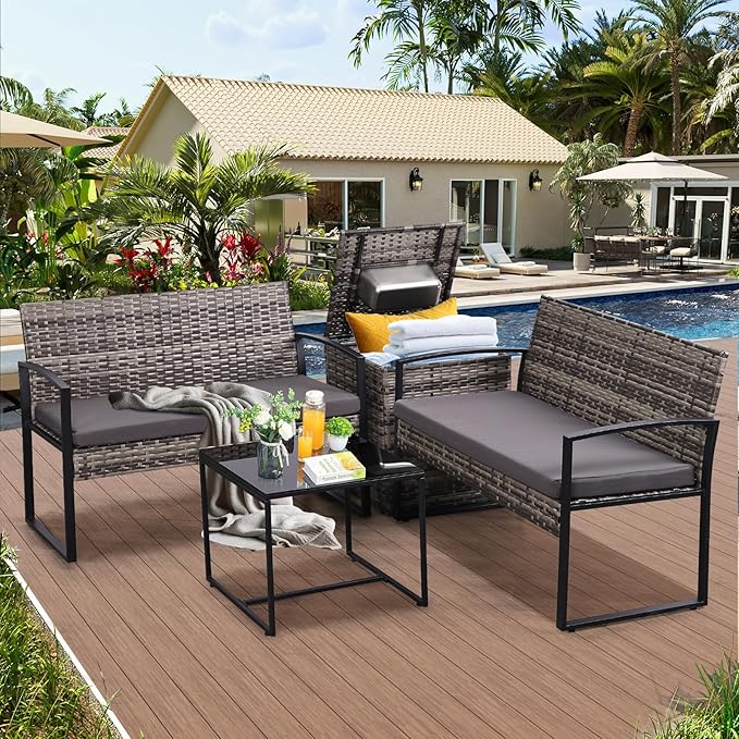 FHFO 4 Piece Outdoor Patio Furniture Set with Built-in Beverage Cooler Storage Box, Wicker Conversation Sets Patio Outdoor Loveseats & Coffee Table for Outside, Garden, Balcony, Porch, Grey/Grey