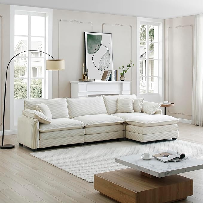 KEIKI 115" L-Shaped Oversized Corduroy Modular Sectional Sofa with 1 Ottoman, High-Density Foam Cushions, Removable Armrests, Upholstered 3-Seater Corner Couch with 5 Pillow, for Living Room, Beige