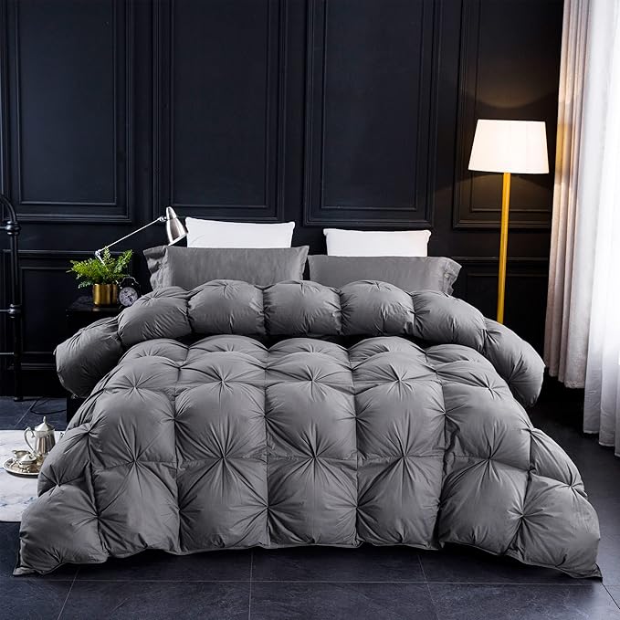 Three Geese Pinch Pleat Waterfowl Feathers and Down Comforter Twin Size Duvet Insert,750+ Fill Power,1200TC 100% Cotton, Premium All Seasons Gray Warm Hotel Comforter with 8 Tabs.