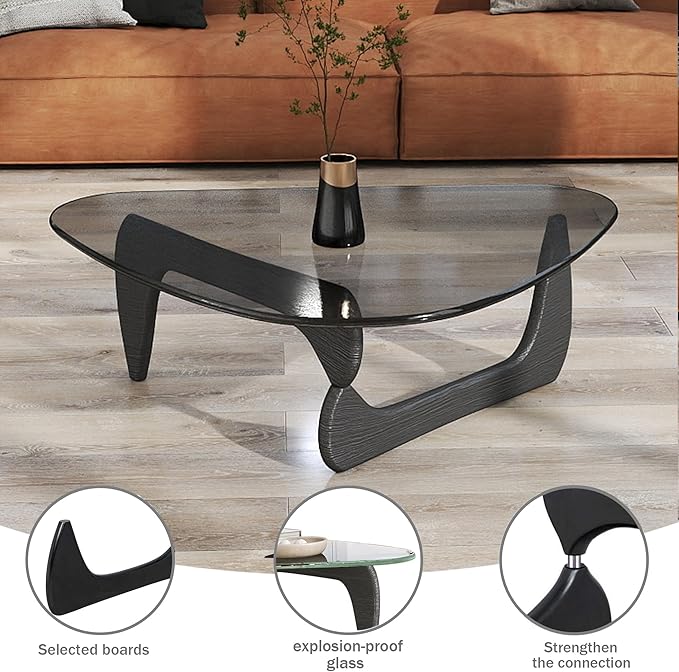 Black Glass Coffee Table for Living Room, Mid Century Modern Coffee Table with Tempered Glass Top and Solid Wood Base, Farmhouse Center Table for Small Space, Tea Tables