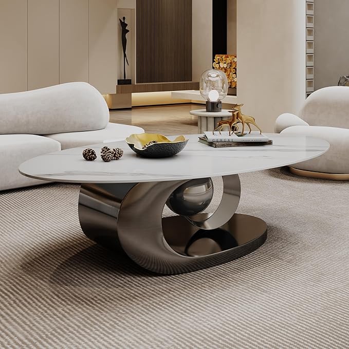 Modern Oval Stone Coffee Table with Gray Metal Base - Elegant Centerpiece for Stylish Living Rooms - 49.2" Lx27.6 Wx15.8 H