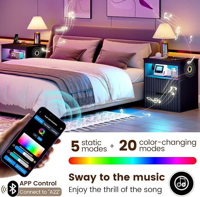 WOOVIVS Modern Nightstand Set of 2 with Fluted Design, Bluetooth Music and Sensor Charging Module, Farmhouse Bedside Table with Storage for the Bedroom, Natural (Grey-2PCS) - Image 4