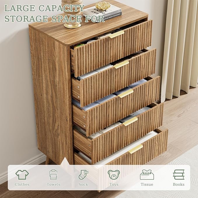 LYNSOM Fluted Dresser and Nightstand Sets 3 Piece, 5-Drawers Dresser and 1-Drawer Nightstands Set of 2, Wood Bedroom Furniture Set for Home, Bedroom, Hallway, Walnut