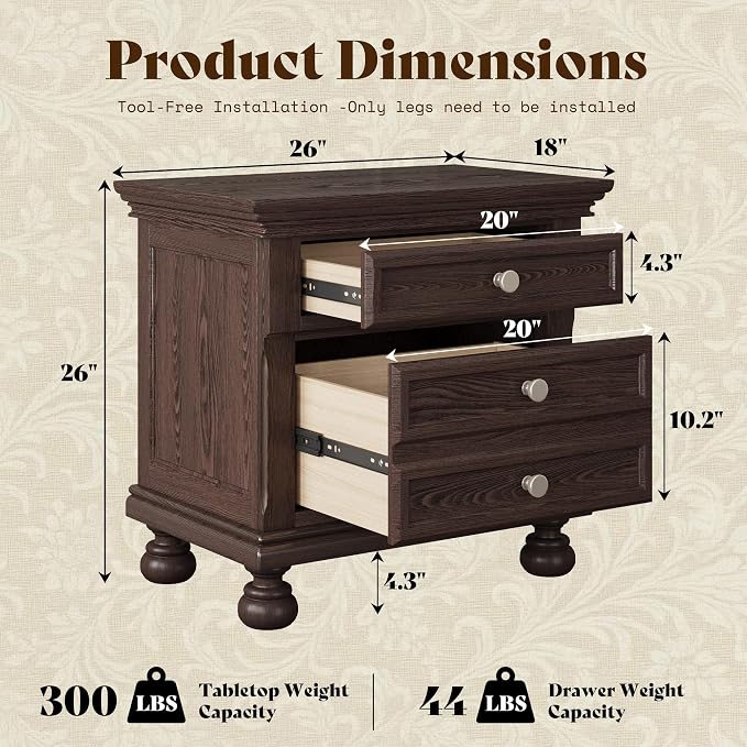 AMERLIFE Fully Assembled Nightstand Set of 2, Solid Wood End Table with 2 Storage Drawers, 26" Extra Large Traditional Bedside Cabinet for Bedroom, Dark Brown - Image 3