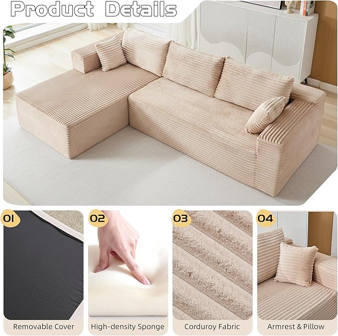 110" Boneless Couch, L Shaped Sofa with Deep Seat, Beige Couch Corduroy Cloud Sectional with Left Facing Chaise, for Living Room Bedroom