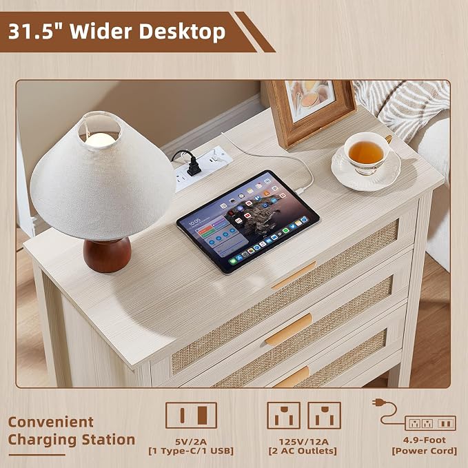 LEYAOYAO 31.5" Wide Rattan Nightstands Set of 2 with Charger Station, Large Boho 3 Drawer Night Stand, Grey White Bedside Table with Storage, Bed Side End Tables for Bedroom, Living Room, Hallway - Image 4