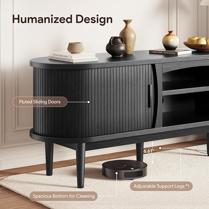 Decofy Mid Century TV Stand for TVs up to 80 Inches, Entertainment Center with Storage, Power Outlet, Fluted Sliding Doors & Adjustable Shelves, Modern Media TV Console Table for Living Room (Black) - Image 5