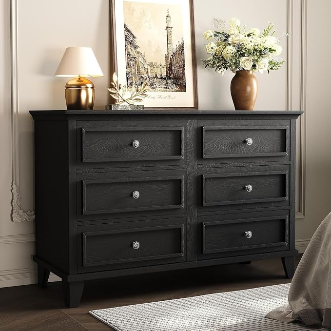 GAOMON Dresser for Bedroom, 6 Drawer Wide Dresser Storage Organizer, Modern Wooden Chest of Drawers with Metal Handles for Hallway, Entryway, Home Office, Black by GAOMON