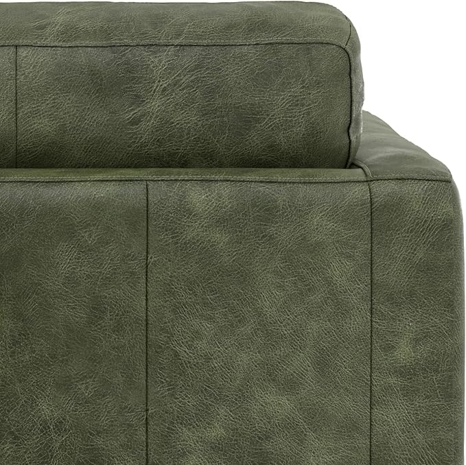 SIMPLIHOME Morrison Arm Chair - 42 inch Wide Upholstered Genuine Leather Mid-Century Modern Accent Chair in Moss Green with Solid Wood Legs, Reversible Bolster Pillows and Reclined Back