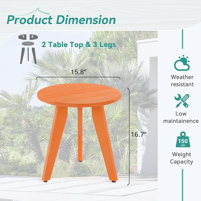 HDPS Outdoor Side Table, Small Round Side Table Weather-Resistant, Outdoor Side Tables for Patio, Porch, Deck, End Table for Plant Stand, Living Room, Bedroom, Orange - Image 3