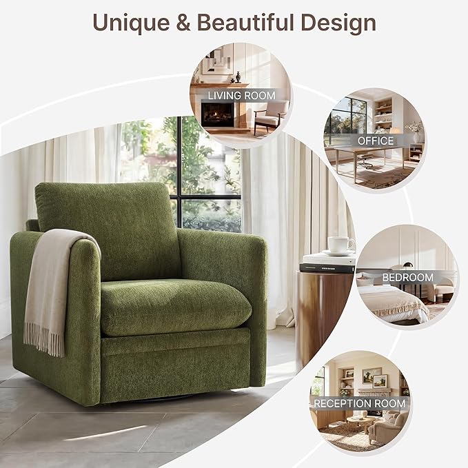 360° Swivel Accent Chair,Upholstered Armchair with Deep Seat, Sturdy Metal Base for Living Room,Nursery,Bedroom,Moss Green