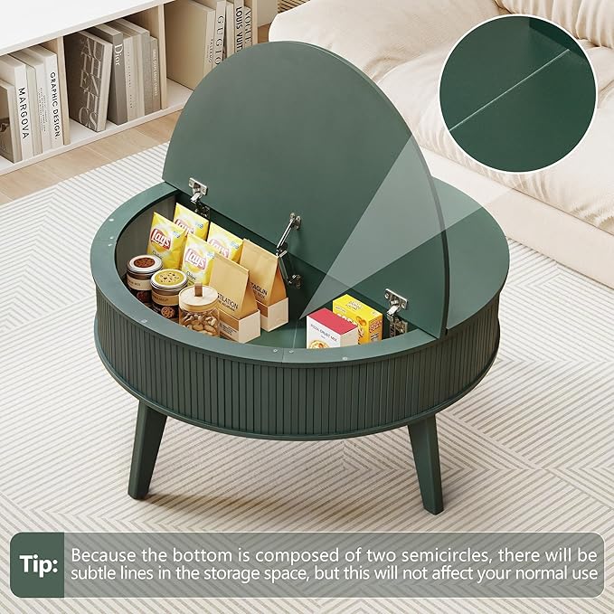 Round Lift Top Coffee Table with Storage, 35.4'' Fluted Wood Center Table Mid Century Modern Coffee Table with Lifting Top for Living Room, Office, Small Space (Green)