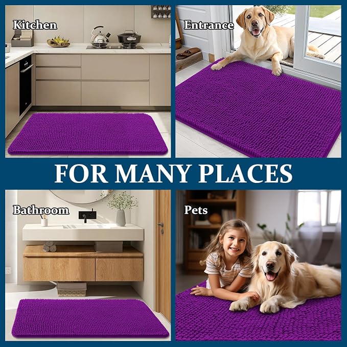 OLANLY Dog Door Mat for Muddy Paws 40x24, Absorbs Moisture and Dirt, Absorbent Non-Slip Washable Doormat, Quick Dry Chenille Mud Mat for Dogs, Entry Indoor Entryway Carpet for Inside Floor, Purple - Image 8