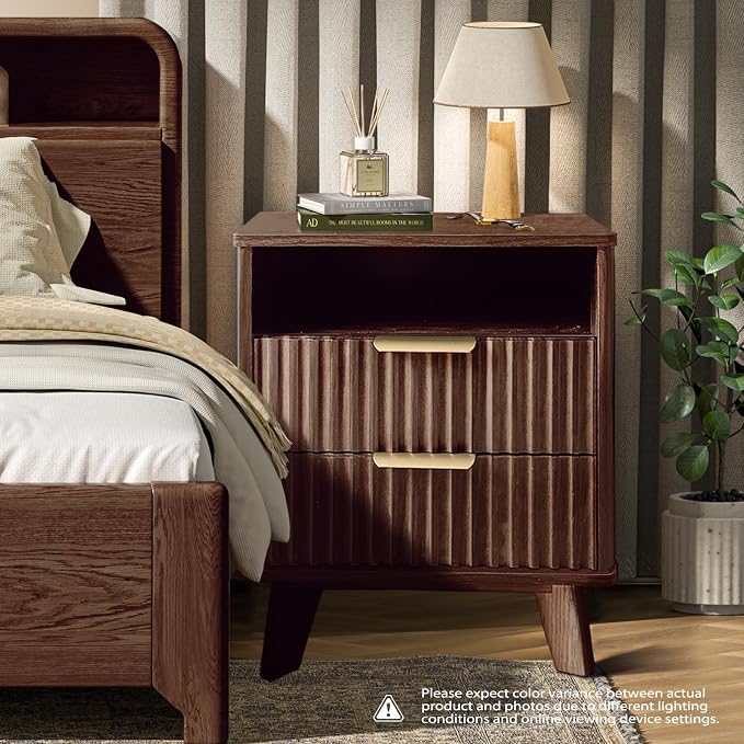 Fluted Nightstand - 24" Modern Bedside Table w/ 2 Drawers, Wood Bed Side End Table with Open Shelf, Night Stand with Storage Drawer, Curved Design Night Stands for Bedroom Living Room (Walnut) - Image 6