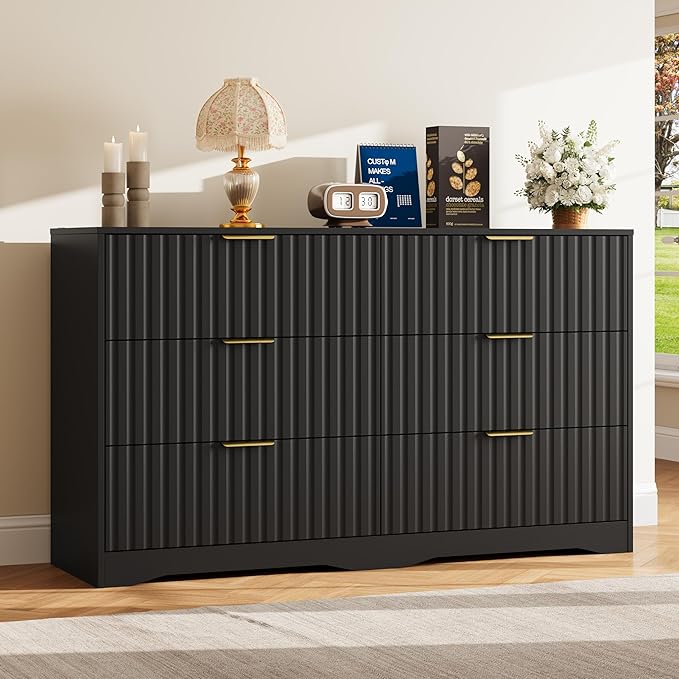 6 Drawer Dresser and Nightstand Sets for Bedroom, Modern Fluted 3 Pcs Bedroom Dresser Furniture Sets, Wood Chest of Drawers and Nightstand Set of 2 with Metal Handles, Black