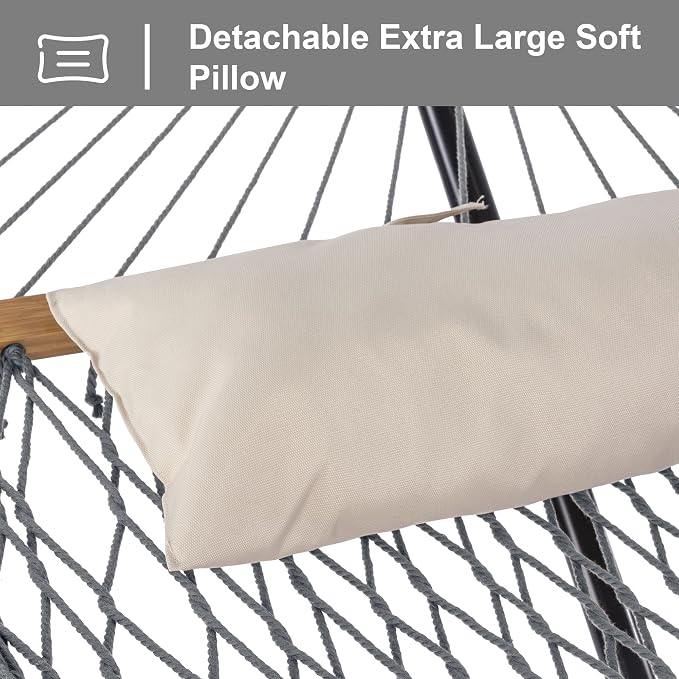 SUNCREAT Rope Hammock with Stand Included, Portable Double Hammock with Soft Pillow, Gray - Image 3