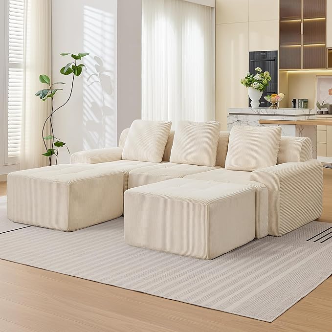 Modular Sectional Sofa, 6 Seat Modular Couch, Modular Sofa with Deep Seat and Detachable Pillow (White, 5 Pieces-U Shape)
