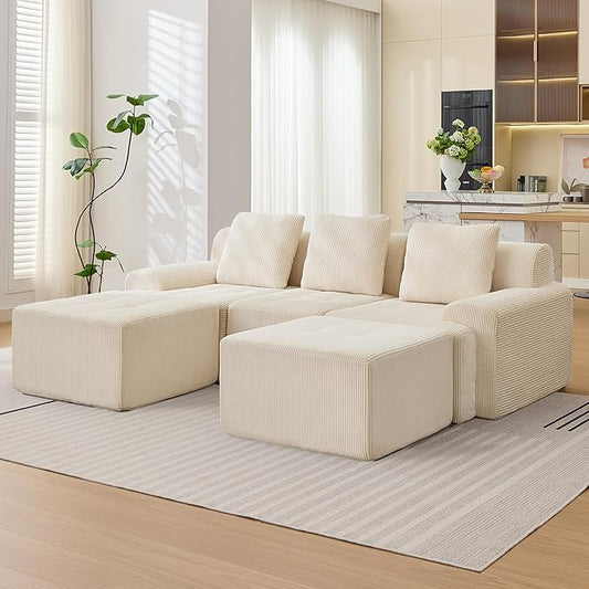 Modular Sectional Sofa, 6 Seat Modular Couch, Modular Sofa with Deep Seat and Detachable Pillow (White, 5 Pieces-U Shape)