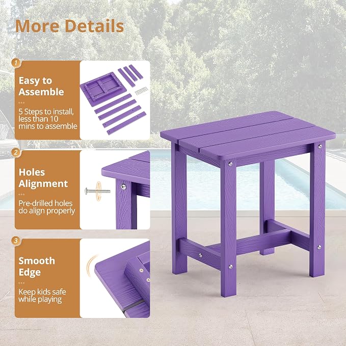 LUE BONA Outdoor Side Table, HDPS Small Outdoor Adirondack Side Tables, Outside End Table for Patio, Porch, Deck, Pool, Weather Resistant/Easy Maintenance,Purple - Image 7