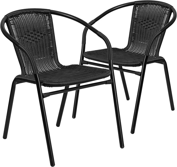 EMMA + OLIVER Set of 2 Modern Rattan Indoor/Outdoor Stack Chairs, Stacking Rattan Patio Chairs with Curved Back and Cross Bracing, Black - Image 3
