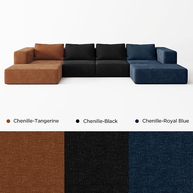 Acanva Oversized Modular Sectional Sofa with Removable Washable Slipcovers, Modern Low Profile Deep Seat Couch for Living Room, Chenille-Black, Armrest/Ottoman