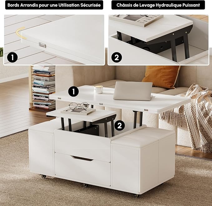 homary White Lift Top Coffee Table with Hidden Storage, 3 in 1 Multi-Function Modern Folding Center Table with 4 Stools and Casters